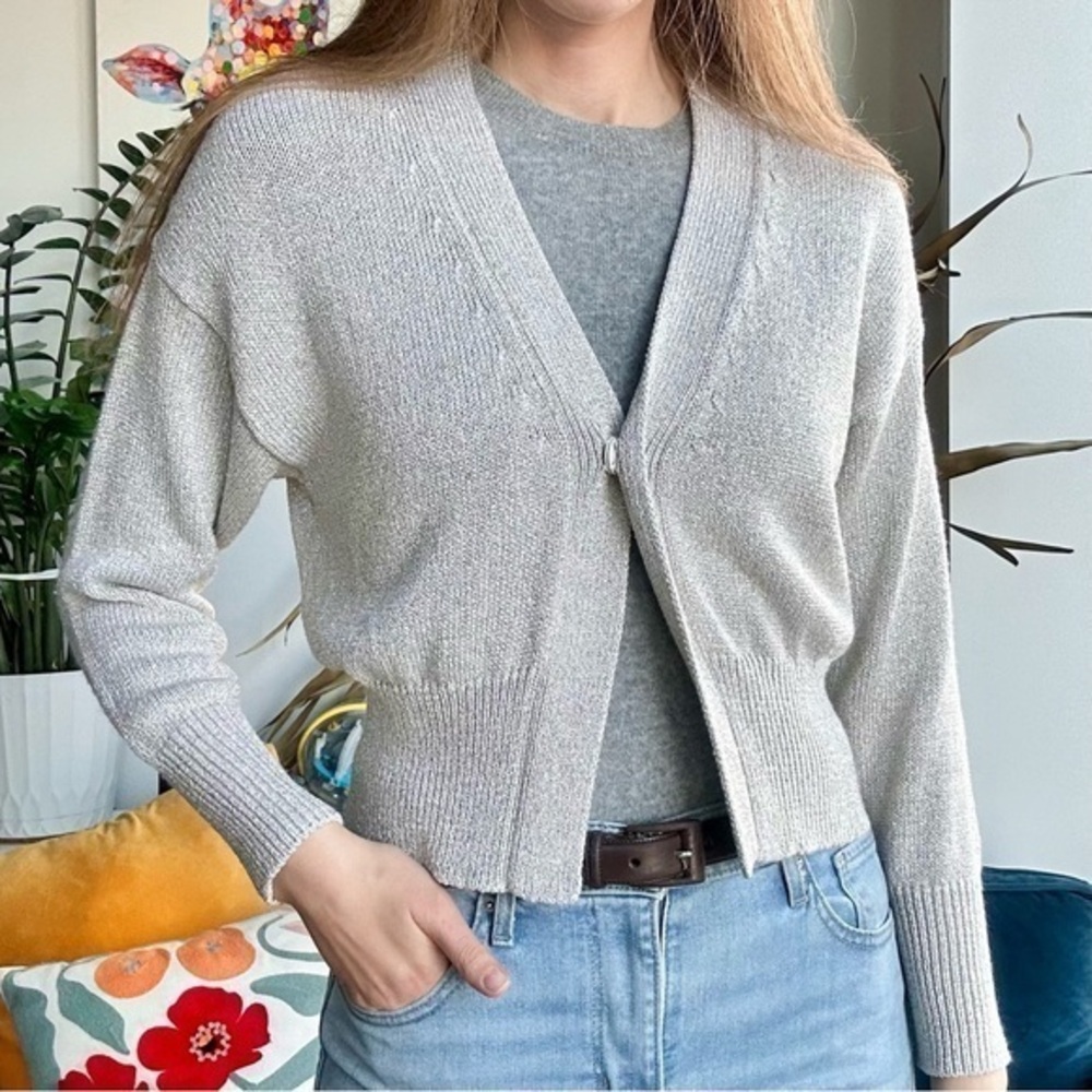 Marella Monochrome Ivory Metallic Knit V-neck Cardigan S